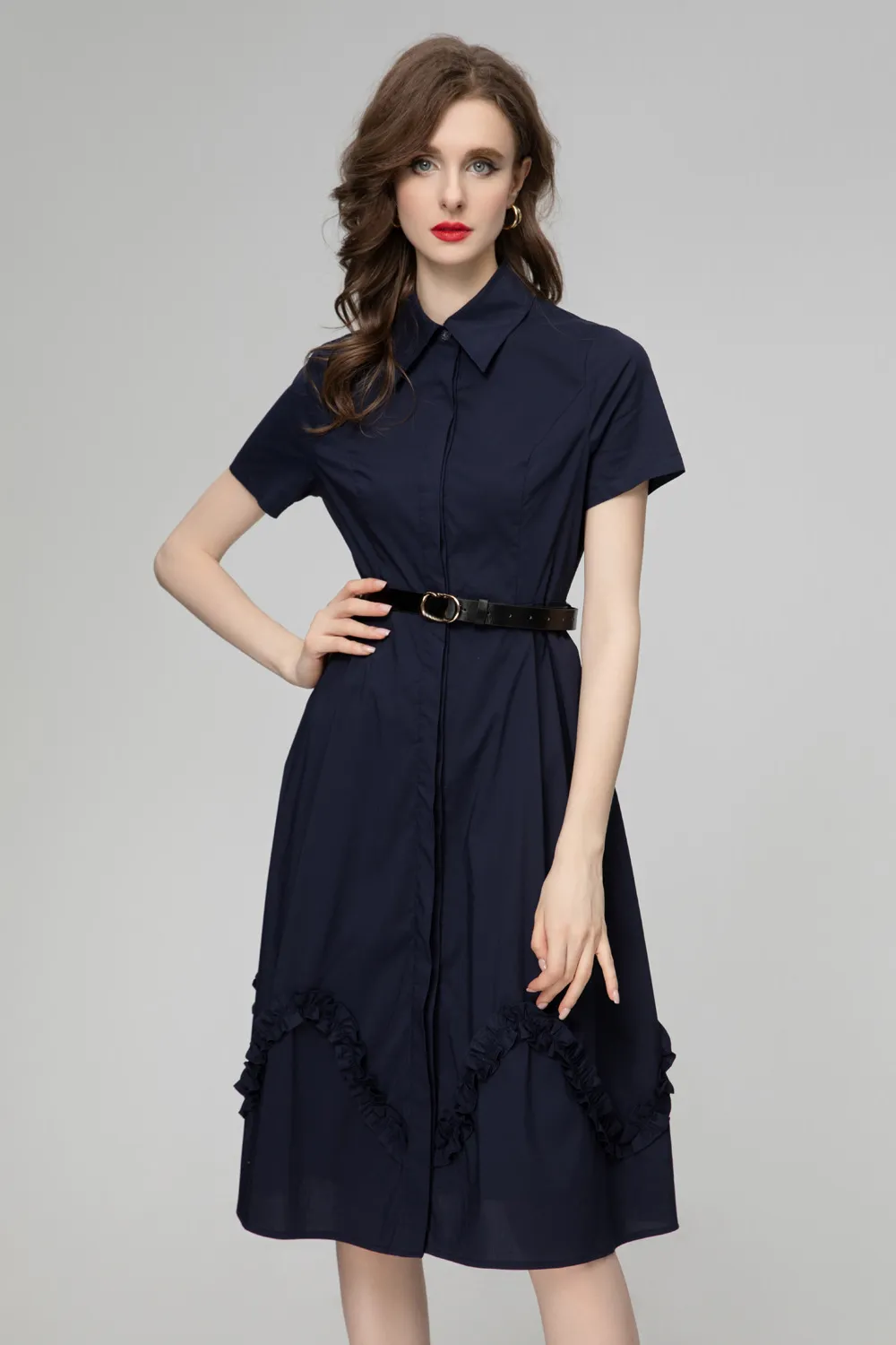 2024 Summer PeTed Women's Dress Lapel-Neck dragkedja Ruffle Short-Sleeve Woman's Casual Long Dresses AS083