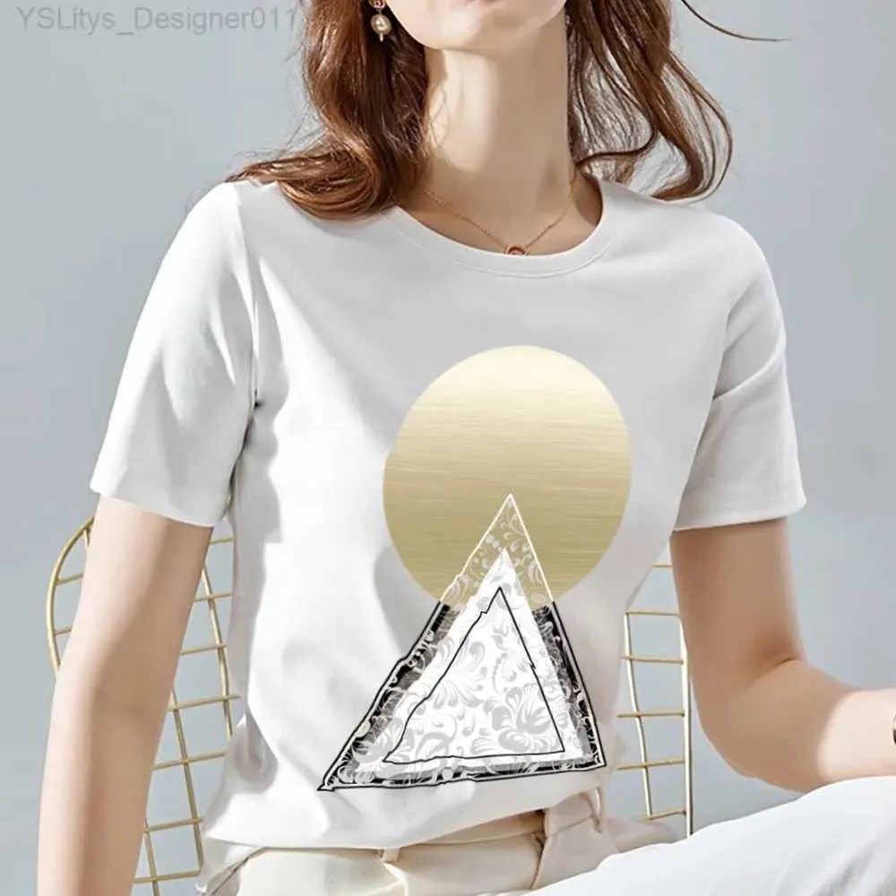 Women's T-Shirt Summer XXS-3XL Size T-shirt Fashion Geometric Print Womens T-shirt Round Neck Basic Short-sled Shirt Ladies White Soft Top L24312 L24312