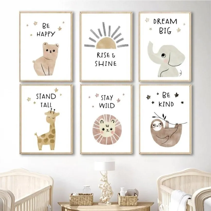 Dipinti Elefante Orso Giraffa Leone Pigro Sole Boho Wall Art Tela Pittura Nordic Poster e stampe Immagini Bambini Baby Room Deco298Y