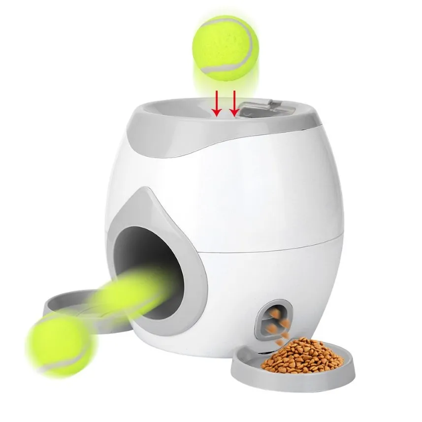Automatisk husdjursmatare Interactive Hämta Tennis Ball Launcher Dog Training Toys Throwing Ball Machine Pet Food Emission Device LJ201227S