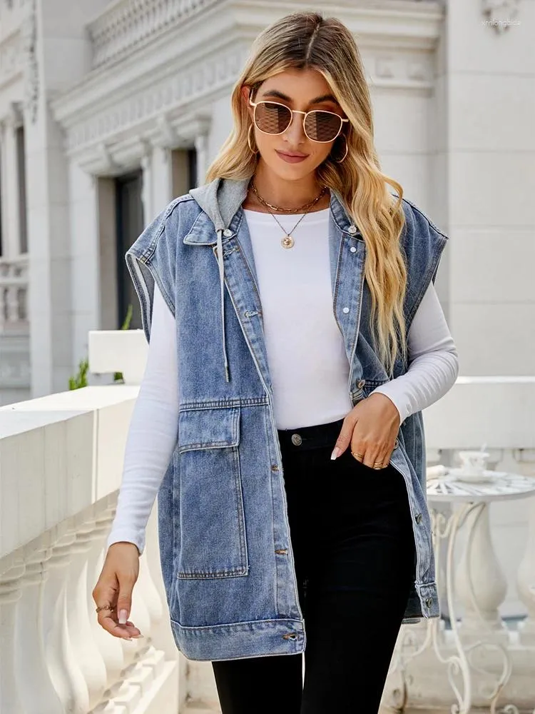 Women's Vests Fashion Denim Vest For Women Casual Sleeveless Hooded Jeans Jacket Female 2024 Loose Long Coat Street Hipster Clothes