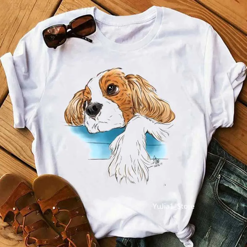 Kadın T-Shirt Yaz 2024 Sevimli Cavalier King Charles Baskılı Tshirt Kadın Arkadaşları Hediye Tişört Femme Beyaz T Shirt Özel Tshirts Toptan L24312