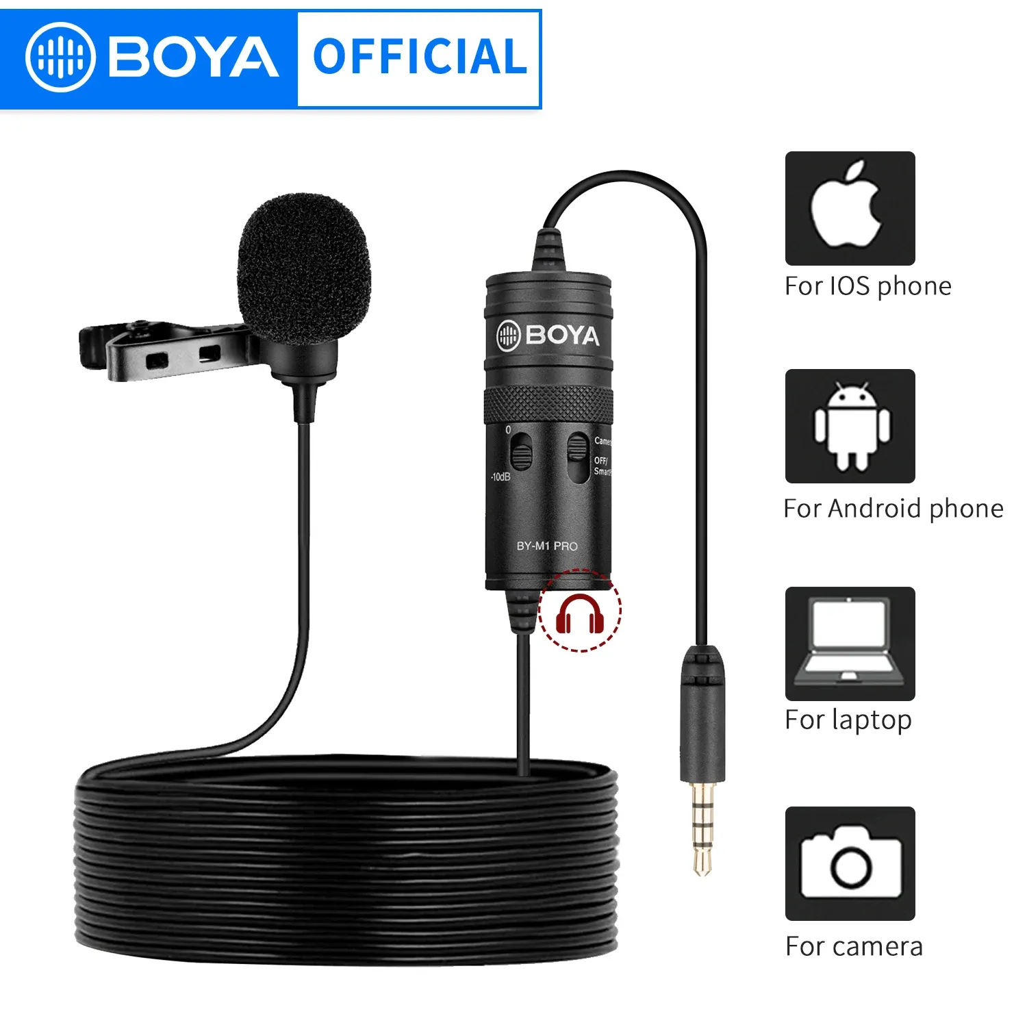 Mikrofone BOYA BYM1 PRO 6 m tragbares omnidirektionales Kondensator-Monitor-Lavalier-Mikrofon für Canon Podcast Nikon Sony iPhone 13 Huawei