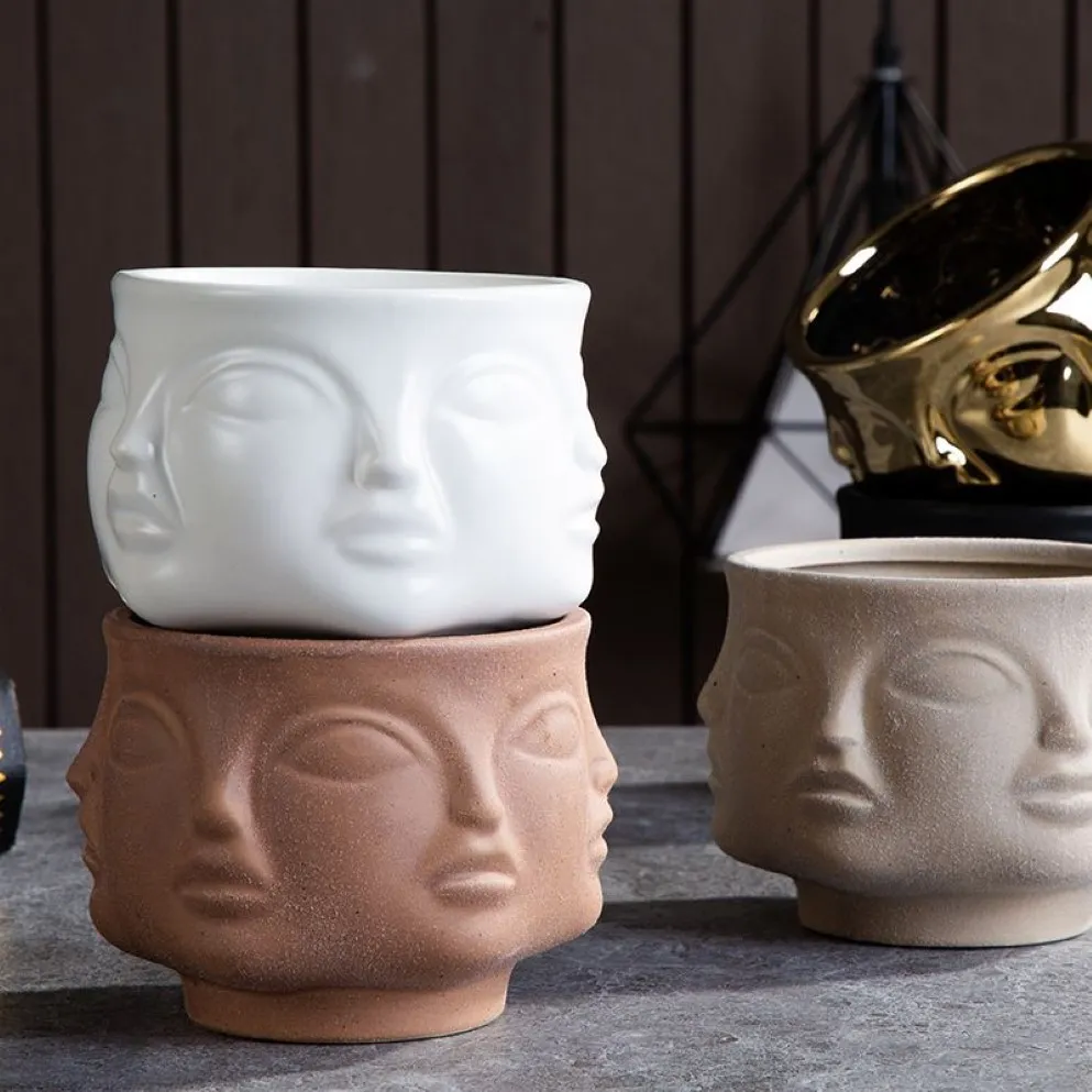 Nordic Ceramic Art Vase Sculpture Crafts Human Face Family Flower Pot Handmade Garden Storage Flower Arrangement Home Decors206F