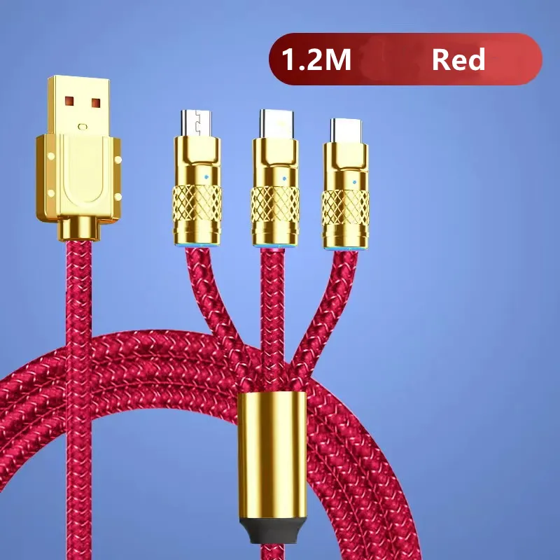 Ny design 3 i 1 snabb laddning USB C -kabel 200w LED -ljus snabb laddningskabel USB Typ C Telefonladdare för Samsung S24 Xiaomi Huawei