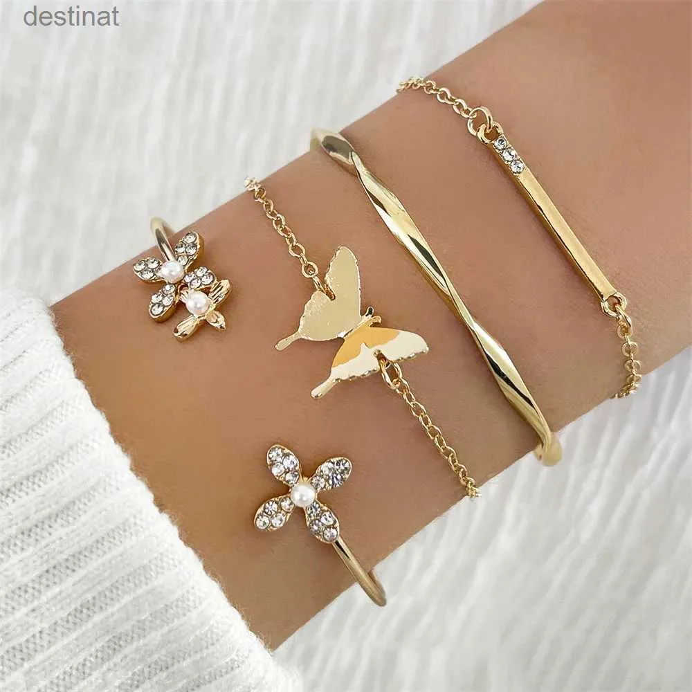 Beaded Vintage Gold Color Cuff Bracelet Set of 4 Stainless Steel Butterfly Bracelet Combination Fashion Elegant Bracelet Jewelry GiftsL24213