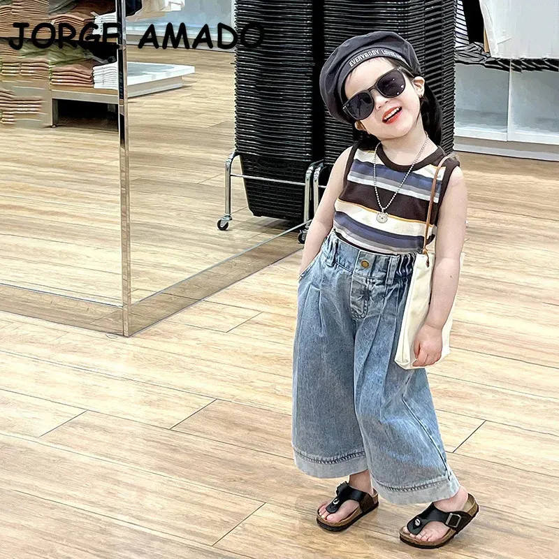 Style coréen Été Infantile Bébé Filles Sans Manches Rayé VestToddler Enfants Jambe Large Denim Pantalon Vêtements De Mode H2663 240301