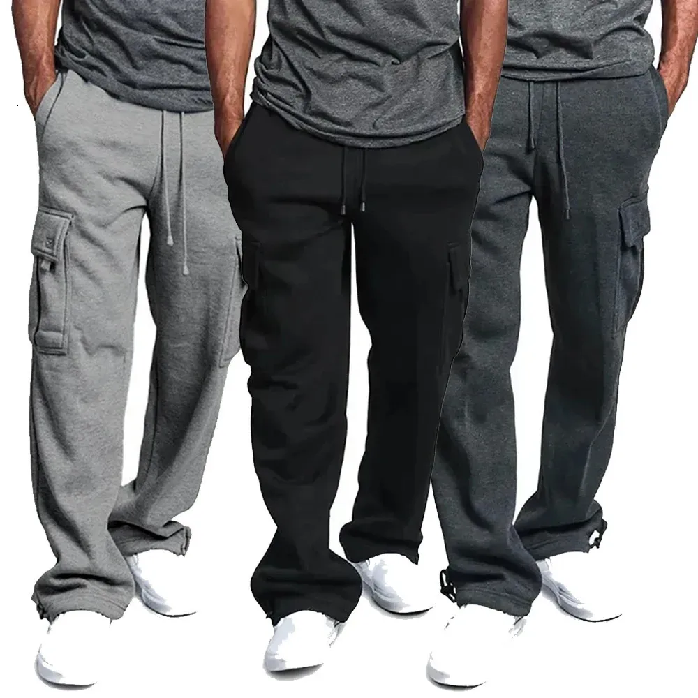 Pantalons décontractés pour hommes Y2k pantalons de survêtement multi-poches Cargo Hip Hop Streetwear pantalon de survêtement couleur unie pantalon à cordon droit 240305