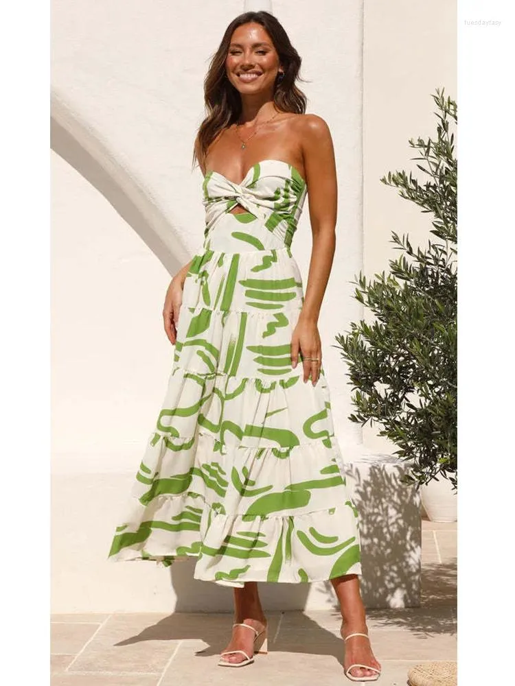 Sıradan Elbiseler Foridol Yeşil Baskılı Çiçek Omuz Kapalı Kadınlar İçin Yaz Elbisesi Bowknot Boho Maxi Beach Vestidos 2024 Smocked Uzun Sundress