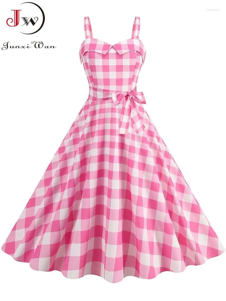 Vestidos casuais espaguete cinta rosa xadrez vestido mulheres verão elegante vintage 50s rockabilly swing festa 2024