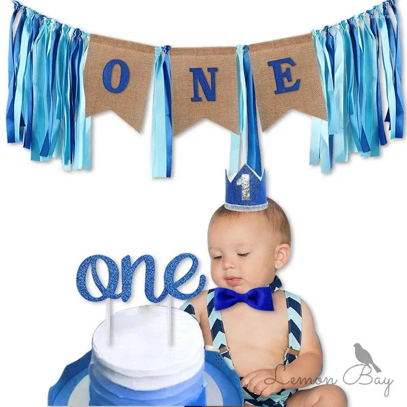 Party Decoration 1Set One Letter HighClair Banner Cake Topper Crown Hat Blue Bow för första födelsedagspojke Baby Shower Supplies