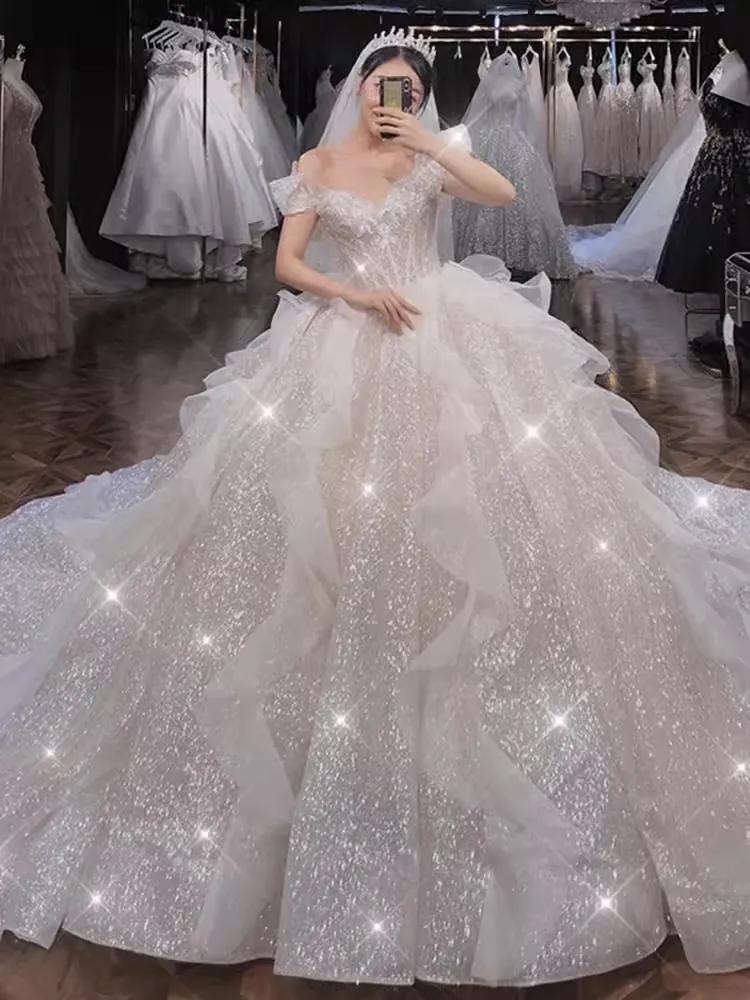 Save Big on Bulk Long Boho Wedding Dress Boho Wedding Dress 2024 Lace White  Off Shoulder Beach Bride Dresses Backless Puff Tulle Wedding Gowns Long