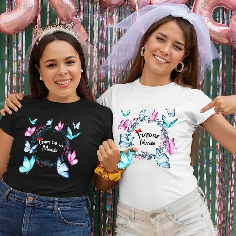 T-shirt Femme Team Bride T-Shirt Blouses de mariage de mariée Bachelorette Hen Party Tops Femmes françaises Couronne de fleurs Evjf Future Bride Summer Tees L24312 L24312