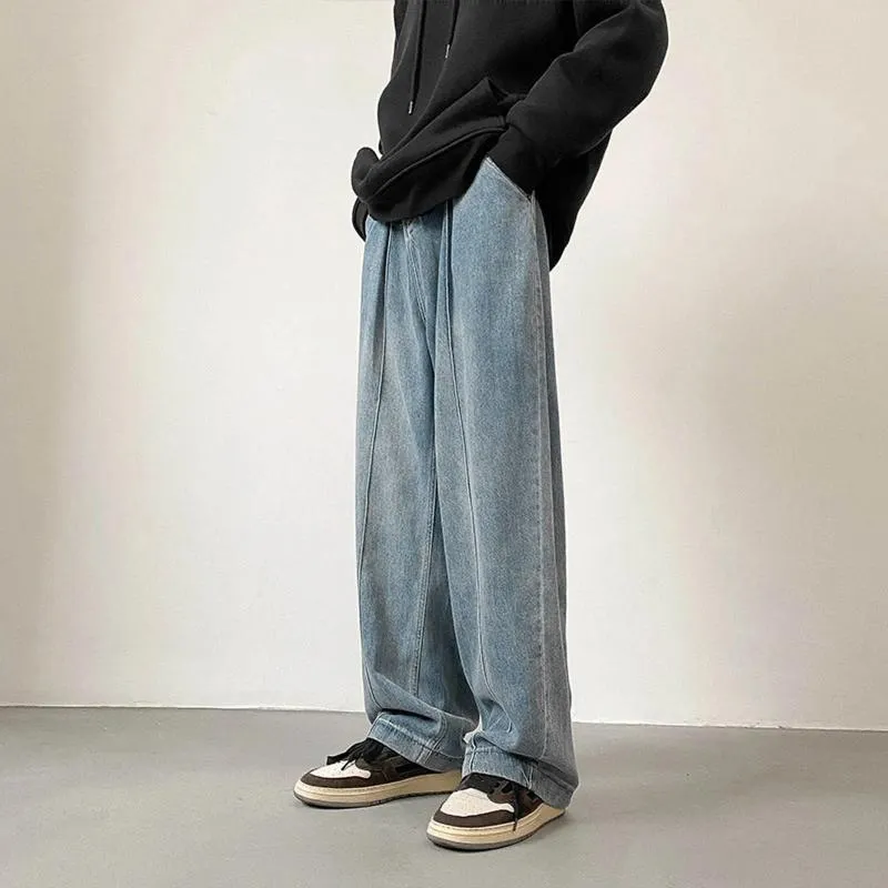 Herrbyxor denim trendig fast färg dubbelficka lösa jeans höft- överdimensionerade bottnar streetwear utomhussport fritid
