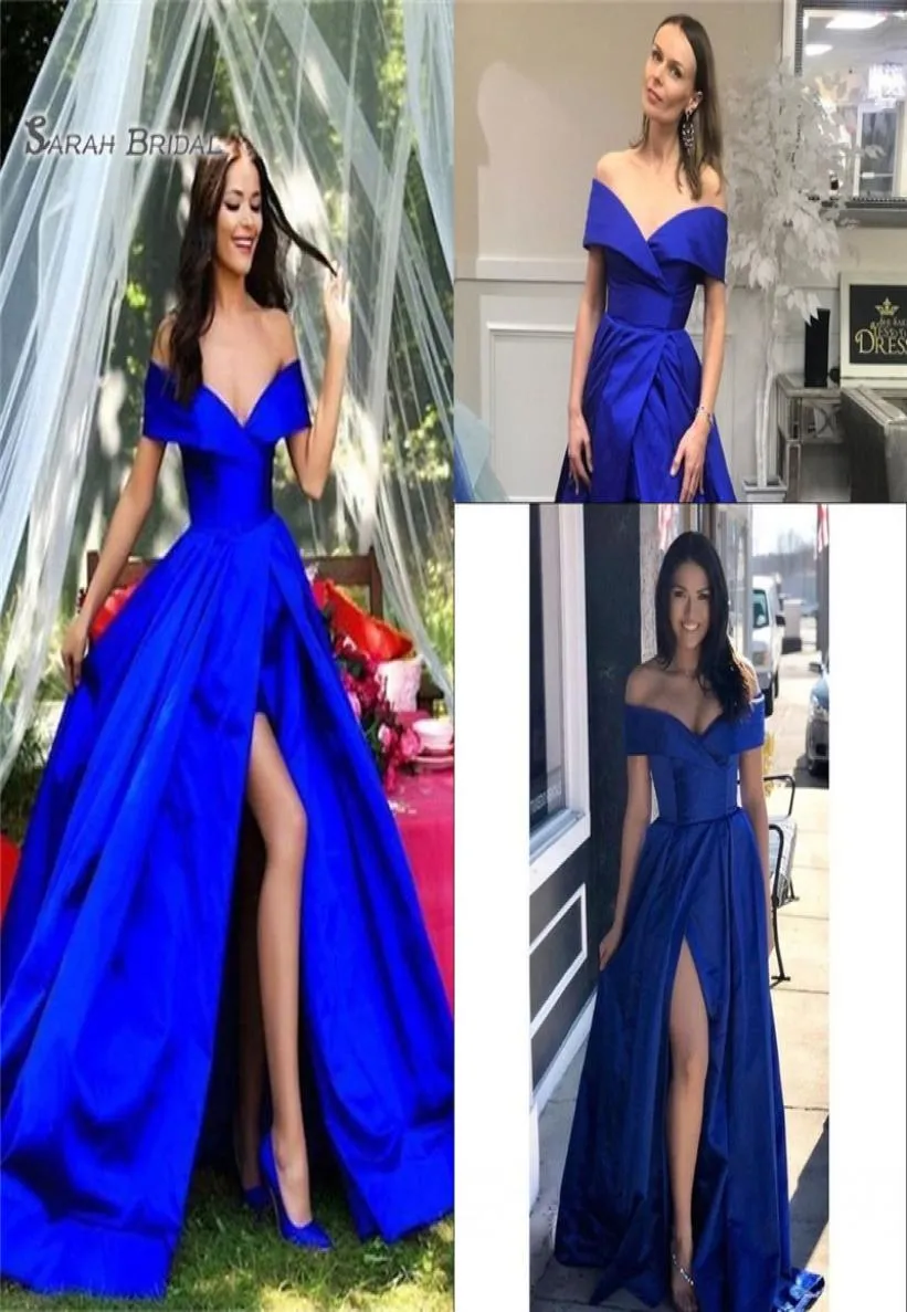 2020 Split Off the Shoulder Sleeveless Evening Party Wear Royal Blue A Line Sexy Prom Dress8640180