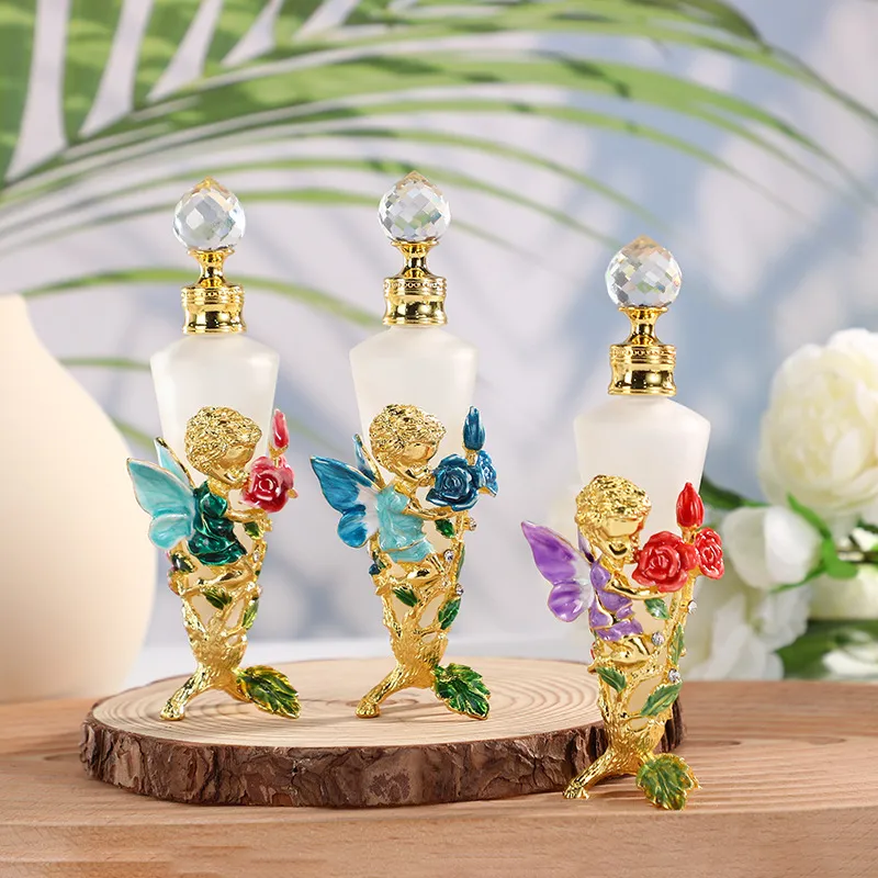 Glass Perfume Bottles With Flower Fairy Decor, Colorful Enamel