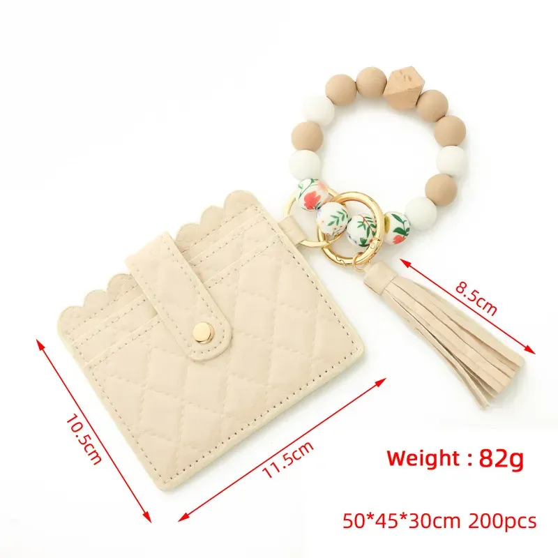 Wristlet Keychain Bracelet Credit Card Holder Wallet Key Ring Silicone Tassel Keychains Beaded Bangle