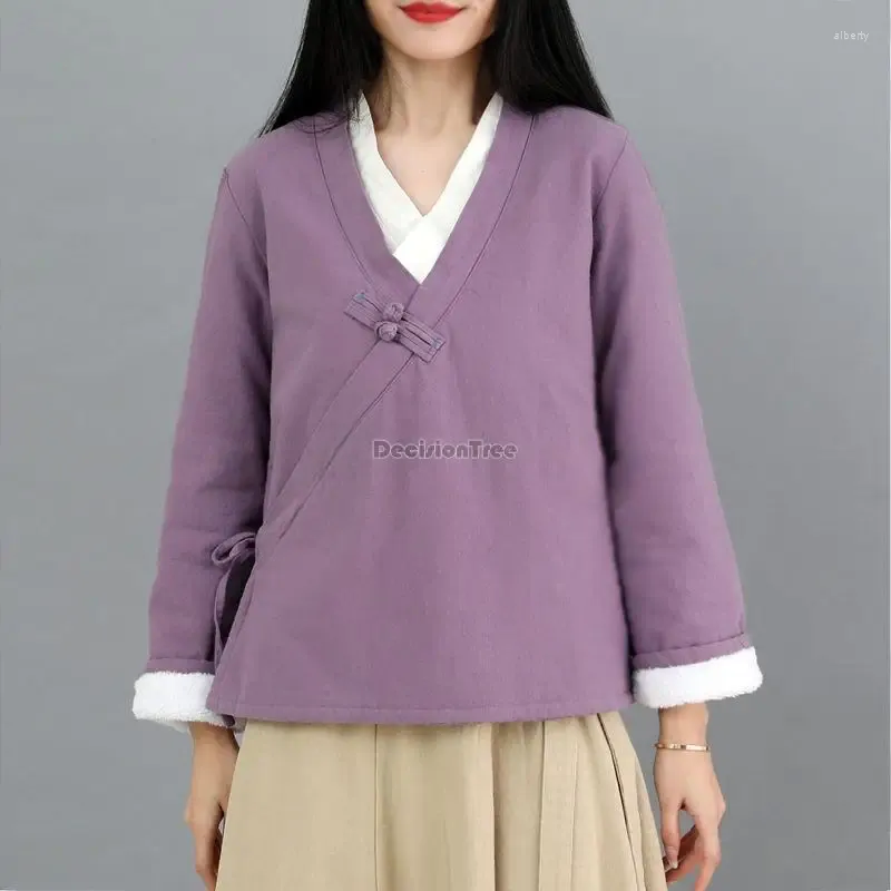 Ubranie etniczne 2024 Zimowe chińskie damskie kobiety z wełną i gęstą zimną ciepłą kardiganą klamrę Bluśniacz Ulepszone Hanfu kobiety S941