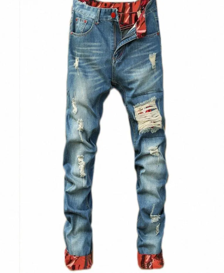 Jeans dritti casual da uomo Jeans skinny slim retrò Stilista strappato da uomo Pantaloni hip-hop in denim blu chiaro W5ME1885957