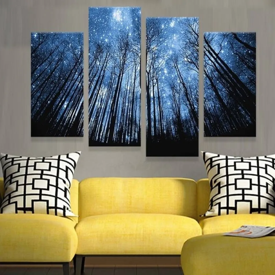 4pcs Set Free Framed Moonligh Orman Tuval Üzerinde Gökyüzü Yağlı Boya Tuval Giclee Duvar Sanatı Resim Sanat Resmi Ev Dekoru için 2914