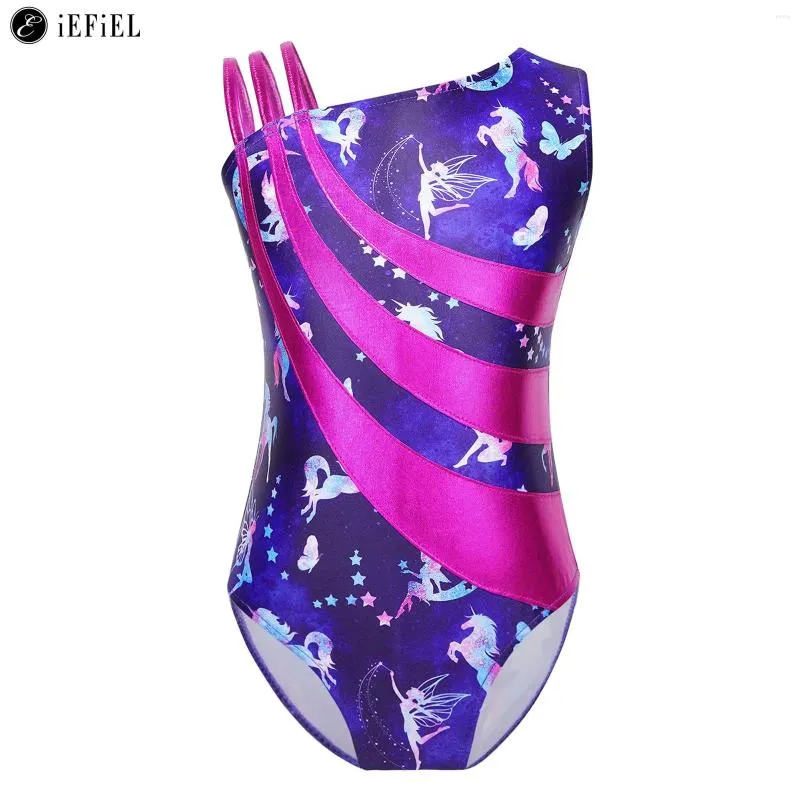 Stage Wear Kids Girls Color Block Asymmetrical Shoulder Bodysuit One Piece Ballet Dance Gymnastics Leotard Performance Costume