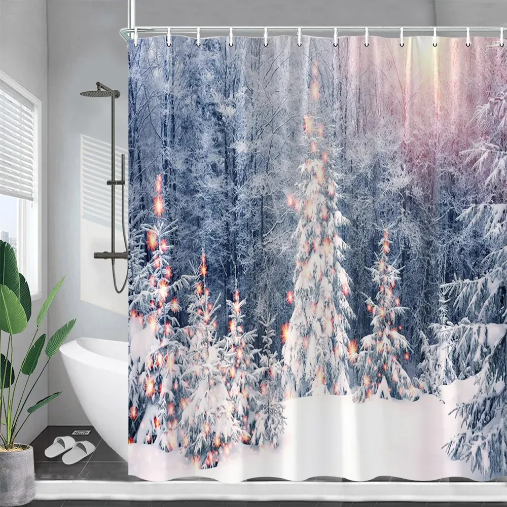 Gardiner vinterskog dusch gardin naturlig snö scen cederträd jul hem tyg gardiner polyester badrumsdekor med krokar