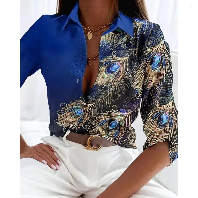 Blusas femininas outono feminino gem pavão pena impressão abotoado camisa de manga longa 2024 escritório feminino casual turn-down colarinho blusa topo