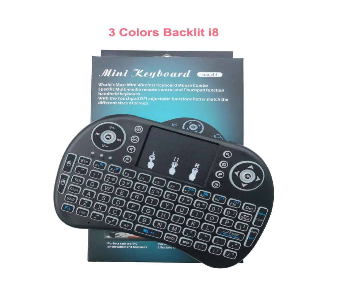 Trzy kolorowe zaplecze bezprzewodowe mini klawiatura i8 24 GHz zdalne sterowanie Touchpad Handheld Multitouch Qwerty z trzema kolorowymi podświetlaniem 9401911