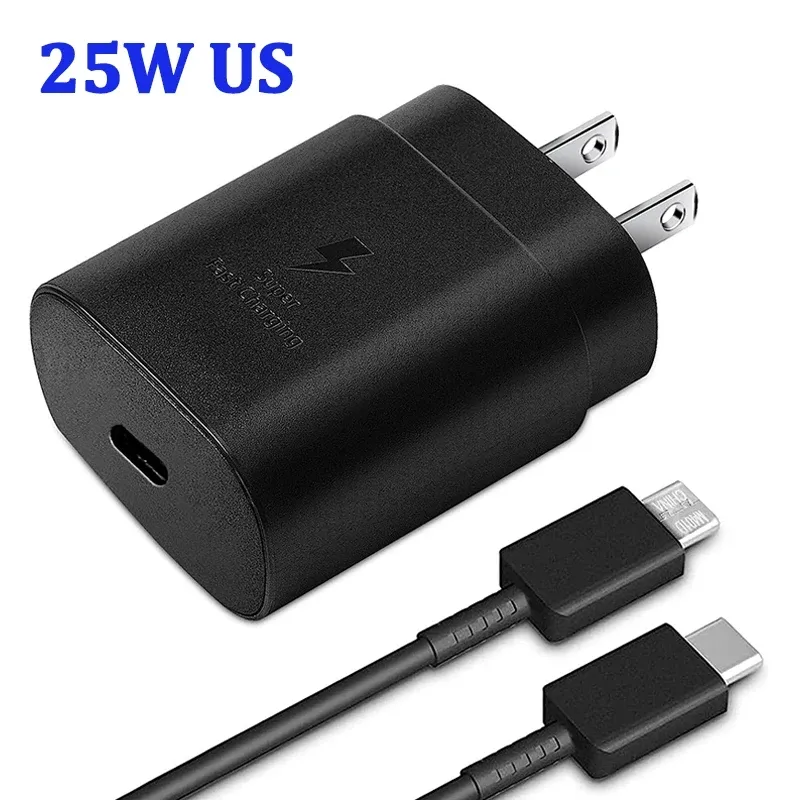 För Samsung 25W US Plug Charger Super Fast Charge Adapter för Galaxy S20 S21 S22 S23 Obs 20 Ultra 10 Z Flip Fold 5 4 3