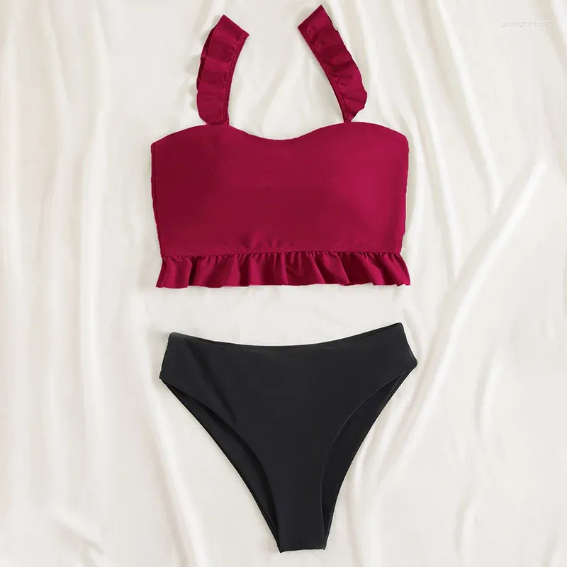 Damenbadebekleidung MJKBH 2024 Einfarbiger Schultergurt Spitze Sexy Split-Badeanzug Europäischer und amerikanischer Dreieck-Röhrenoberteil-Bikini
