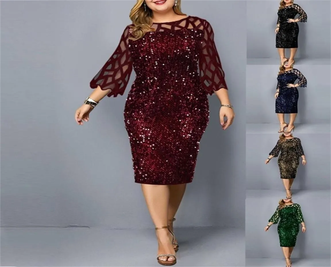 Abbigliamento taglie forti per le donne Abito midi Madre Sposa Sposo Vestito Elegante Paillettes Matrimonio Cocktail Party Estate 5XL 6XL 2204182370425