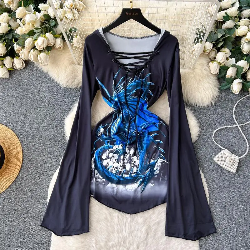 Casual Dresses 2024 Autumn Design Chest Lace Up V-neck Bodycon Dress Women Fashion Flare Long Sleeve Slim Fit Print Irregular Short