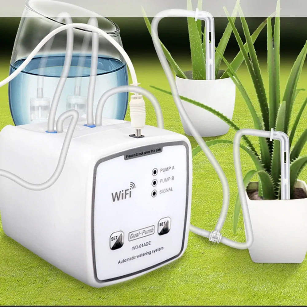 Satser WiFi Intelligent Watering Device Dubbelpump Tid för automatisk droppbevattning System Fjärr AppController för Garden Plant Flower