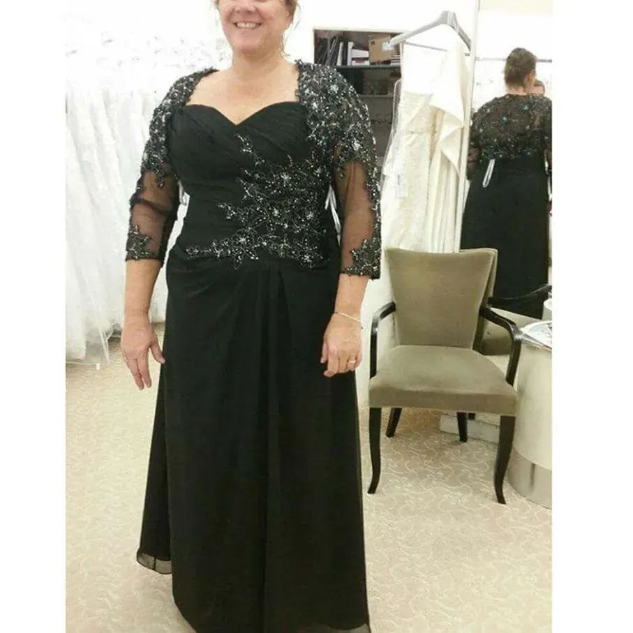 Black Of The Bride A Line Sleeves Chiffon Appliques Beaded Plus Size Groom Mother Dresses For Weddings