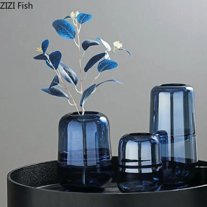 Vases Simplicité Vase en verre bleu Décor de bureau Hydroponique Pots de fleurs transparents décoratifs décoration de maison moderne 305t