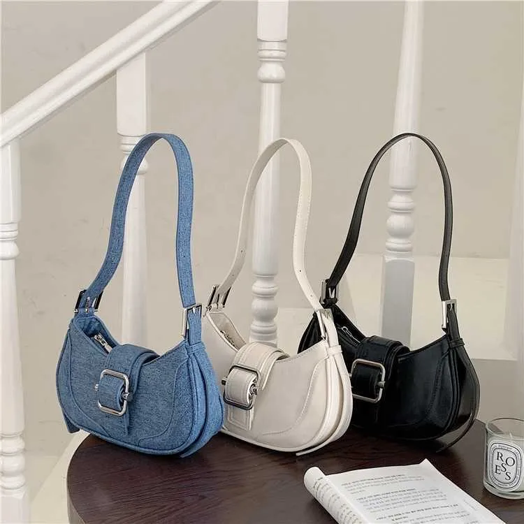 HBP غير علامات تجارية للأزياء Retro Pu Leather Women Hands Handbag Denim Blue Designer Bag Wool Wool Loving Ladies Underarm الكتف