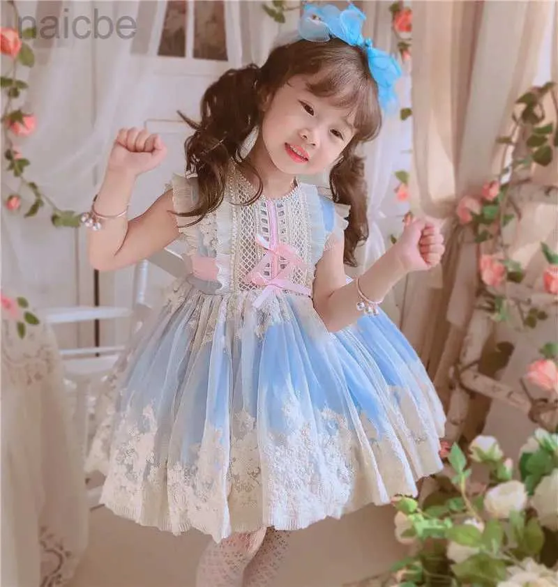 Girl's Dresses Baby Summer Short Sleeve Blue Mesh Lace Vintage Spanish Lolita Princess Dress for Eid Easter Party ldd240313