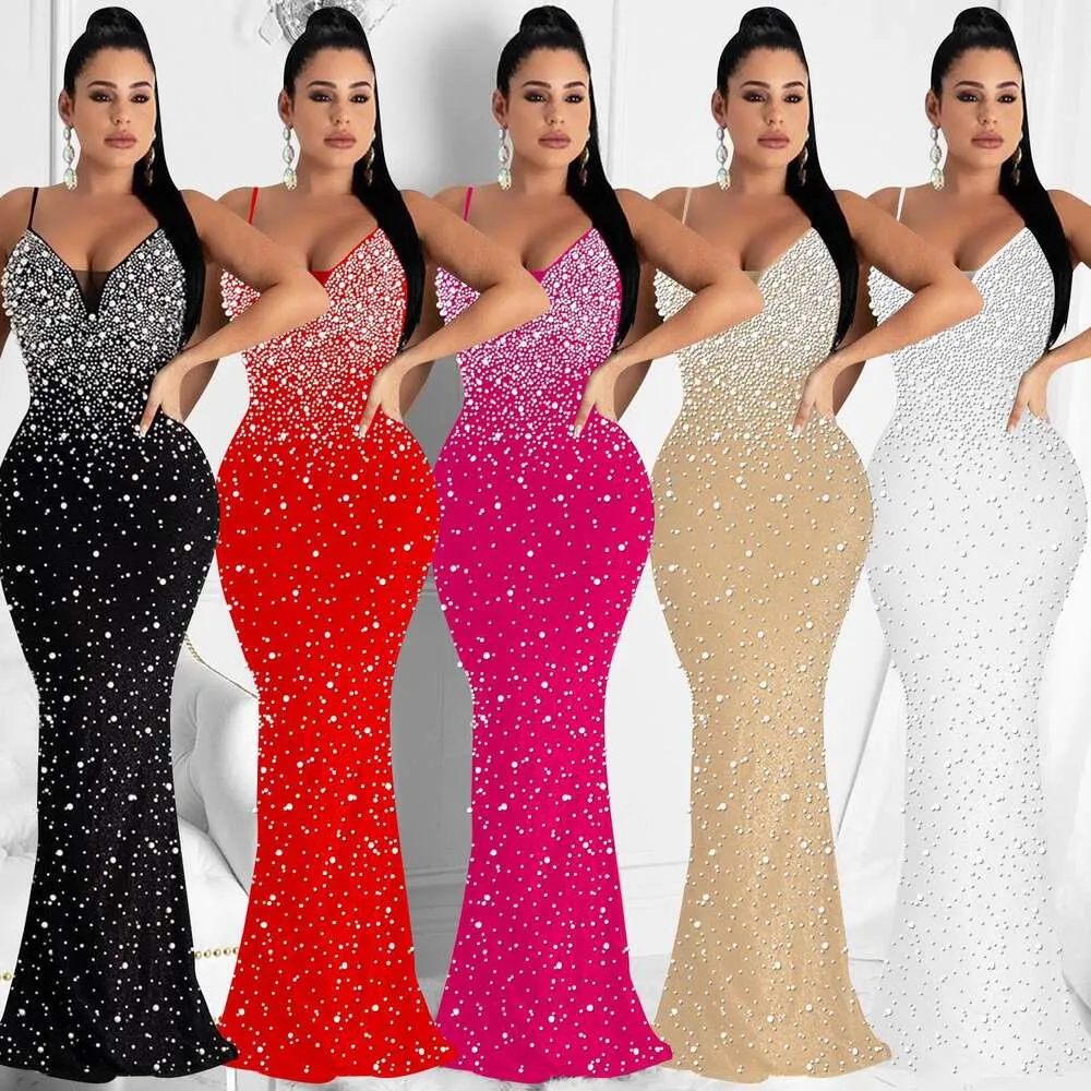 Through Fashion Womens Wear Dress Drilling Nightclub Sexy Spaghetti Straps Sleeveless Maxi