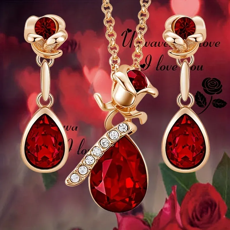 أزياء Ruby Rose Flower و Droplet Shape Shape قلادة 14 كيلو آر أقراط القلادة الذهبية مجموعة للنساء حفل زفاف المجوهرات مجموعة هدية هدية