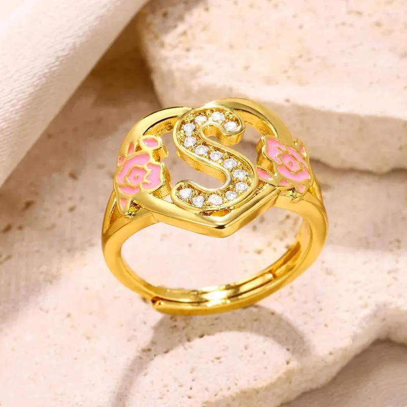 Bagues de cluster Couleur Or Initial Large Pour Femmes Fleur Zircon Lettre Surface Bague Mignon Élégant Bijoux Accessoires Cadeau De Noël