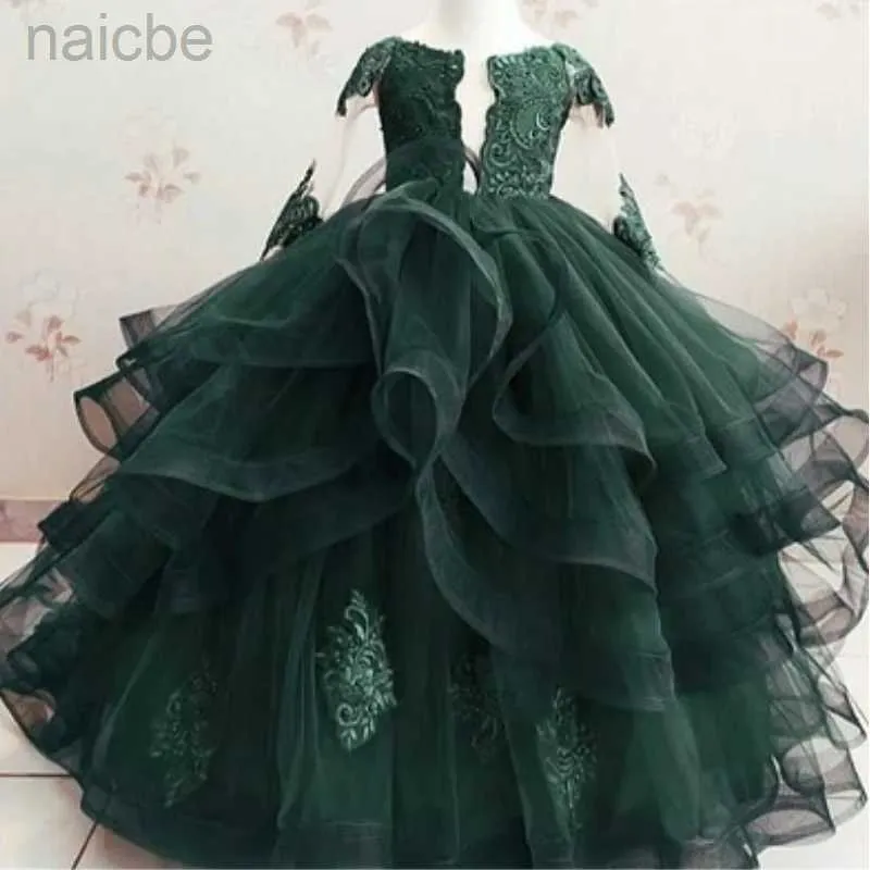 Girl's Dresses Green Flower Dresses For With Long Train Princess Holy Communion Princess Guest Evening Part ldd240313