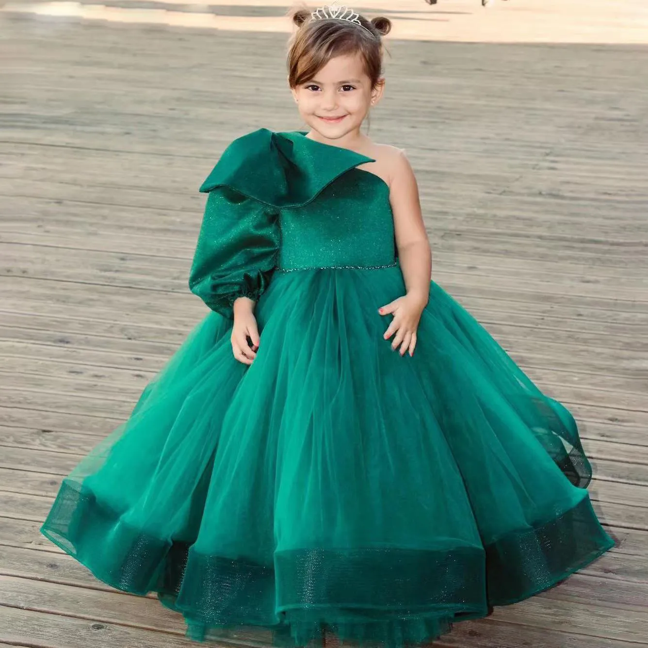 slim fit dress slacks Kids Girls Emerald Green One Shoulder Glittery Party Dress