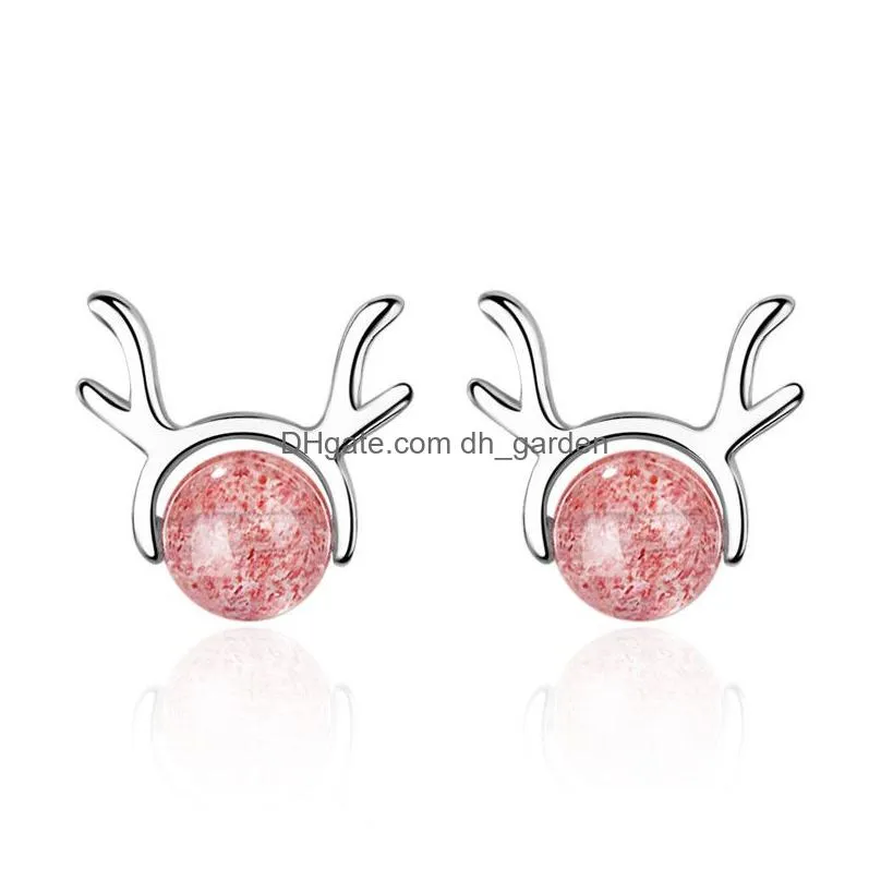 Stud New Arrival Beautif Round Stberry Crystal Moonstone Earrings For Women High Quality Copper Deer Antlers Earring Christmas Drop De Dhyw2