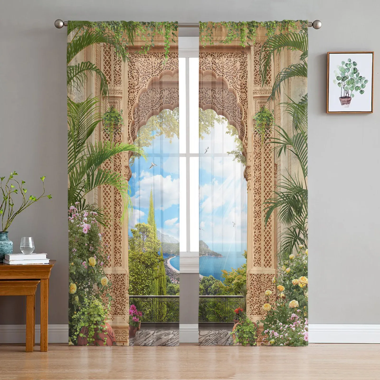 Curtains Arch Flowers Sea Printed Curtains Drape Sheer Tulle Home Decoration Living Room Bedroom Cortinas Chiffon Window Curtains