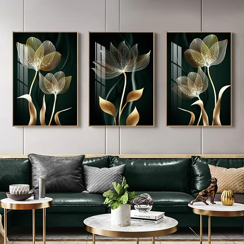 Albums Abstract Wall Art Schilderen Gouden Groene Bloemen Blad Moderne Home Decor Canvas Posters en Prints Muur Foto voor Woonkamer