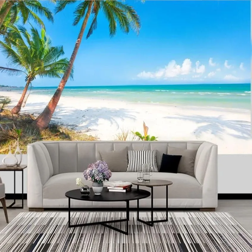 Fonds d'écran Po Papier peint Maldives Vue sur la mer Cocotier Paysage Peintures murales Tissu mural Salon TV Canapé Toile de fond Décor à la maison Fresco283E