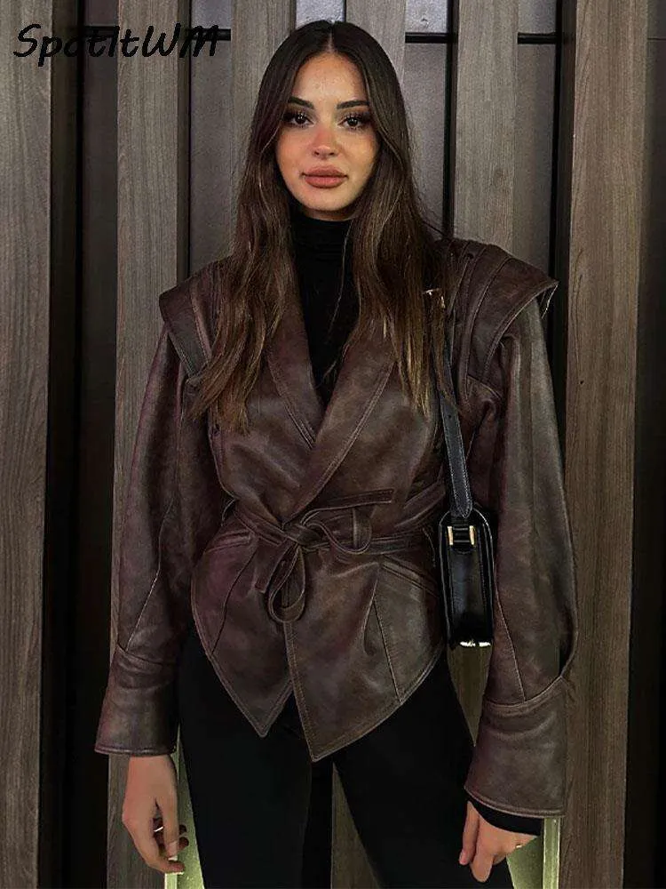 Autumn Winter Faux Leather Jacket Women Fashion Vintage V Neck Female Pu Coat 2023 Elegant High Street Casual Ladies Outwear