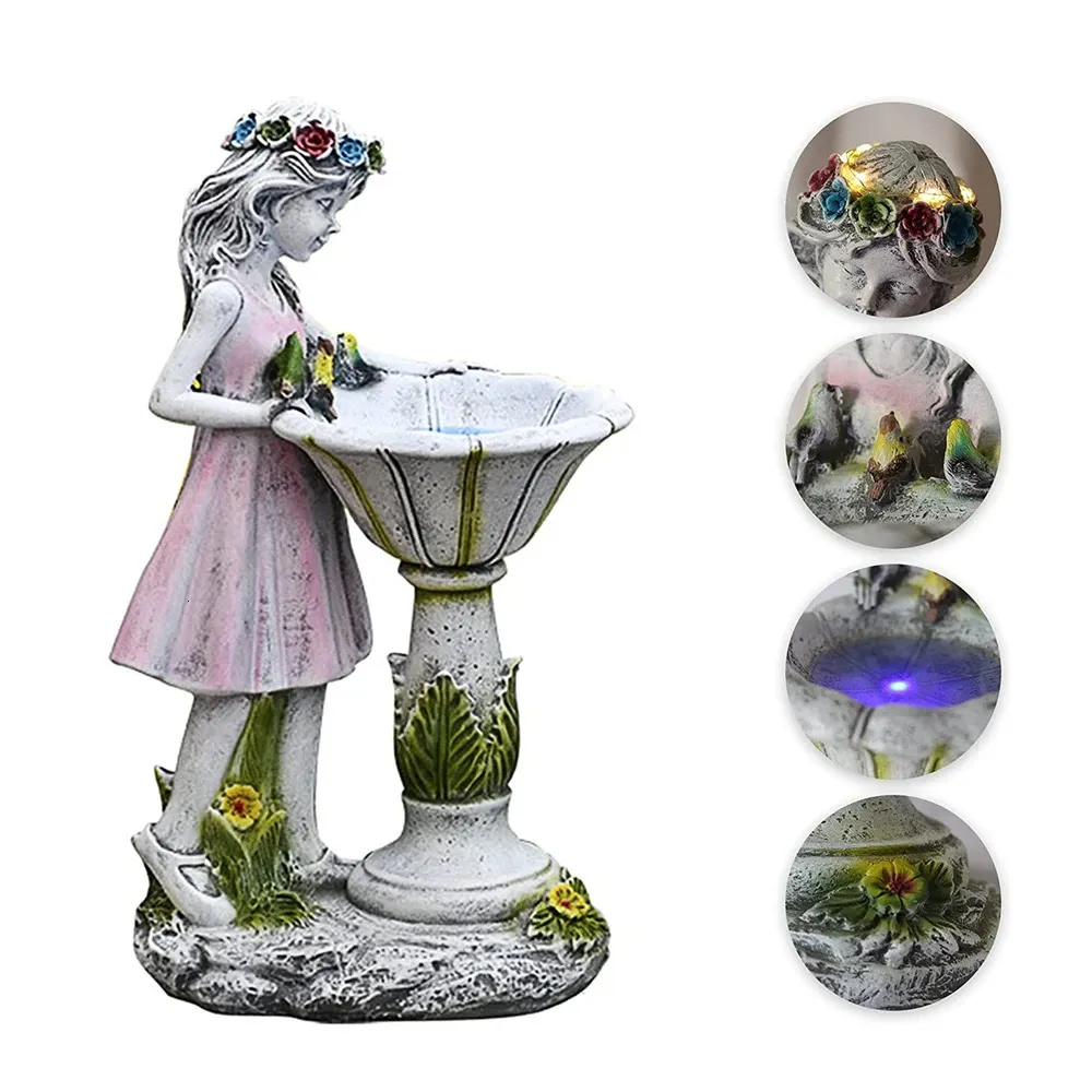 Fairy Garden Statue Resin Angel Figurine Solar Light Outdoor Floral Fairy Lamp Lantern Water Feature Effect Garden Decoration 240229