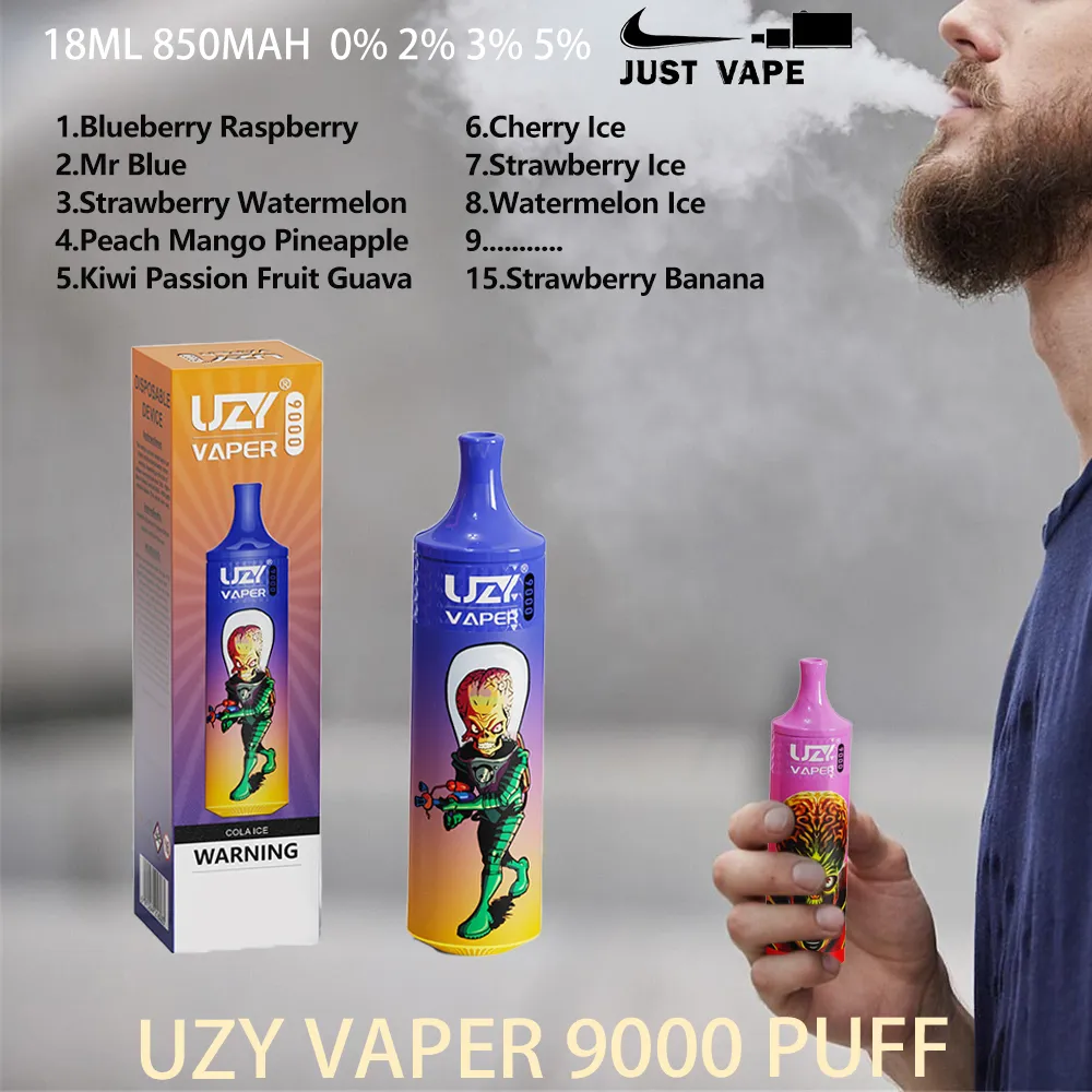 オリジナルのuzy vaper 9000パフ使い捨てeタバコメッシュコイル18mlポッド850 mahバッテリー電子cig