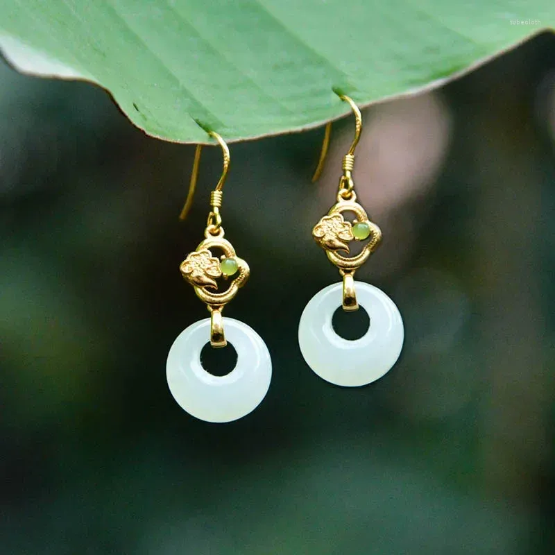 Boucles d'oreilles pendantes classiques en Jade blanc naturel pour femmes, boucles d'oreilles rondes en or Antique, artisanat Vintage Cheongsam, accessoires bijoux cadeau